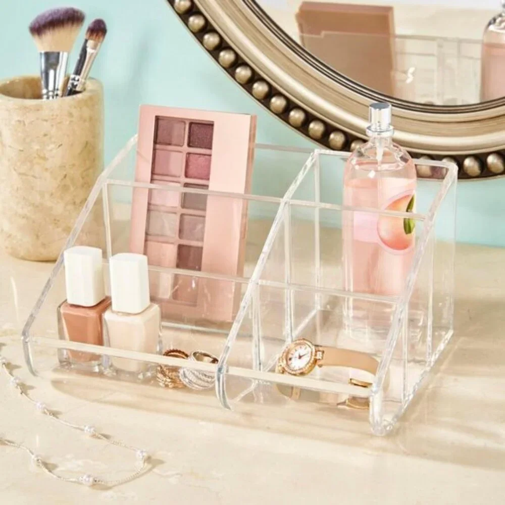 Clear Plastic Makeup Organizer, 6-Compartment Vanity Holder with Curved Front